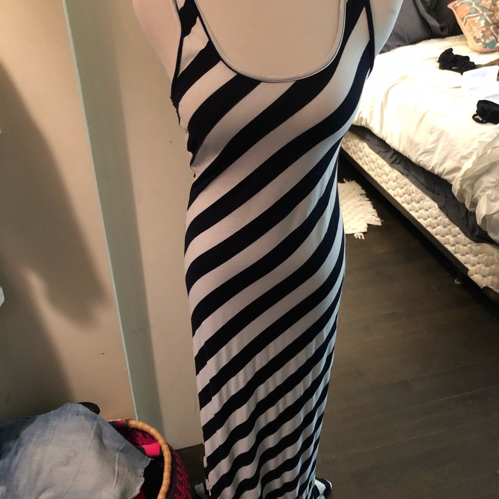 Bias cut striped maxi dress. Knit rayon stretch